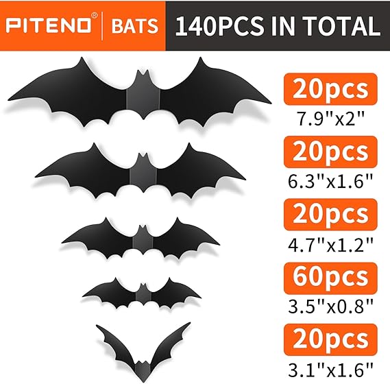 Piteno® 140-Piece Realistic 3D Bat Stickers – PVC Halloween Wall & Window Decals for Spooky DIY Decor