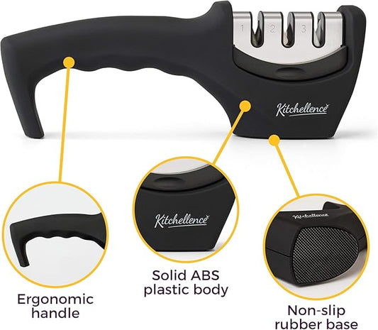 4-in-1 Kitchen Knife Accessories – 3-Stage Knife Sharpener with Cut-Resistant Glove (Black)