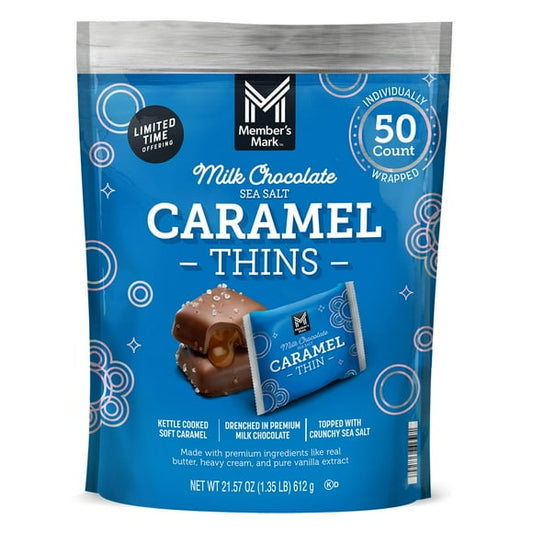 Member’s Mark Milk Chocolate Sea Salt Caramel Thins – 50 Count | Individually Wrapped Gourmet Chocolate & Caramel Candy
