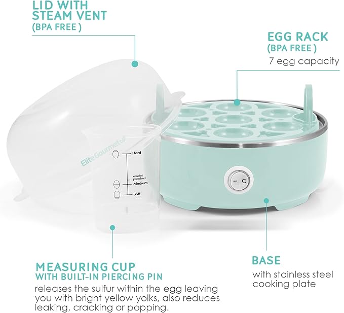Elite Gourmet Easy Egg Cooker (EGC115M) – 7‑Egg Electric Cooker in Retro Mint with Auto Shut‑Off & Measuring Cup
