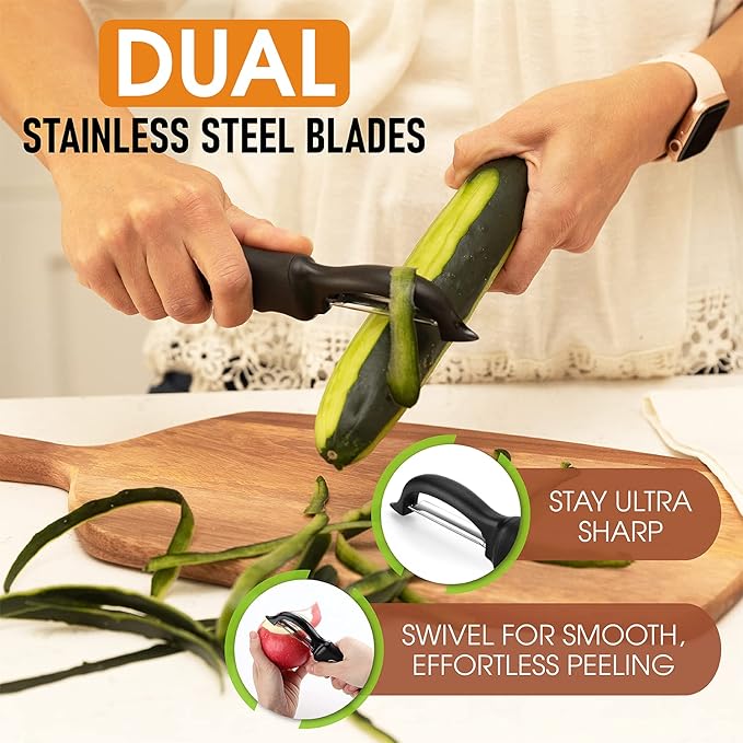 Spring Chef Premium Swivel Vegetable Peeler – Ultra Sharp Stainless Steel Blades with Soft Grip Handle, Perfect Kitchen Peeler for Potatoes, Carrots, Apples & Fruits (Black)