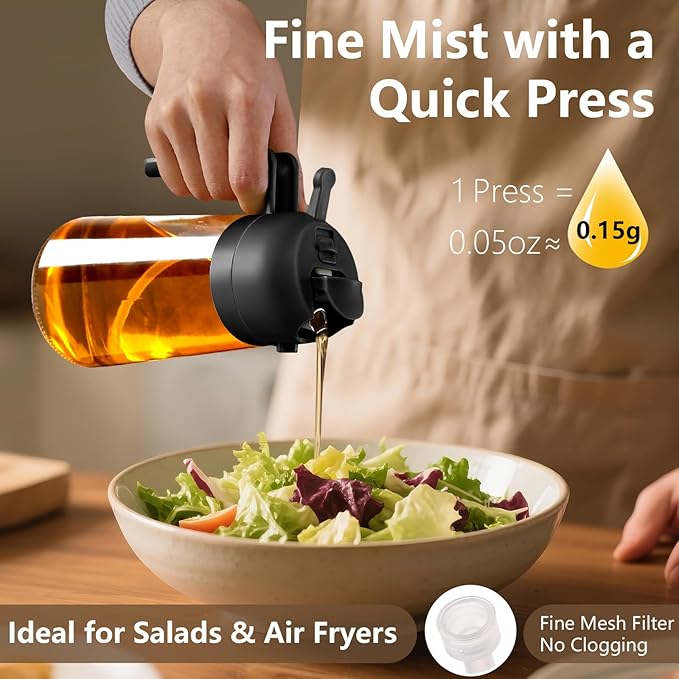 Olive Oil Sprayer for Cooking – 2-in-1 470ml Glass Oil Dispenser & Pour Bottle, Kitchen Gadget for Air Fryer, Salad, BBQ, and Everyday Cooking (Black)