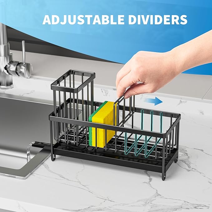 Cisily Black Sponge Holder & Sink Caddy – Stainless Steel 304 Rust‑Resistant Organizer with High Brush Holder, Drip Tray & Soap Dispenser Section
