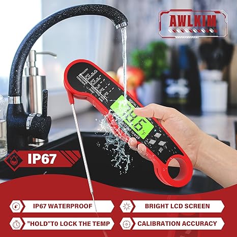 AWLKIM® Digital Meat Thermometer – Instant Read Waterproof Food Thermometer with Backlight & Hold Function, Red