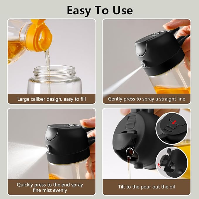 Olive Oil Sprayer for Cooking – 2-in-1 470ml Glass Oil Dispenser & Pour Bottle, Kitchen Gadget for Air Fryer, Salad, BBQ, and Everyday Cooking (Black)