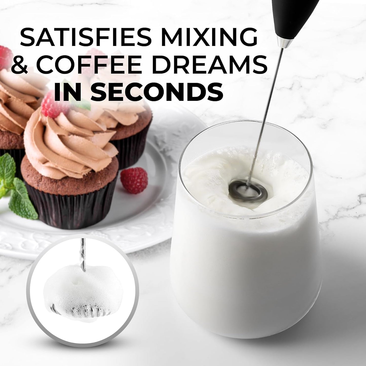 Zulay Kitchen Powerful Milk Frother Wand with 2 Duracell Batteries – Ultra-Fast Handheld Electric Whisk for Coffee, Lattes, Cappuccino, Matcha & Hot Chocolate (Black)