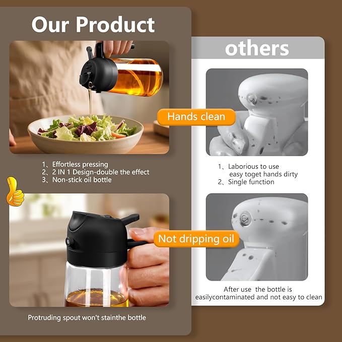Olive Oil Sprayer for Cooking – 2-in-1 470ml Glass Oil Dispenser & Pour Bottle, Kitchen Gadget for Air Fryer, Salad, BBQ, and Everyday Cooking (Black)