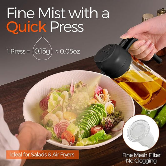 YARRAMATE 16oz/470ml Glass Olive Oil Sprayer – 2-in-1 Spray & Pour Dispenser for Cooking with Portion Control & Labels – BPA-Free Food Grade (Black)