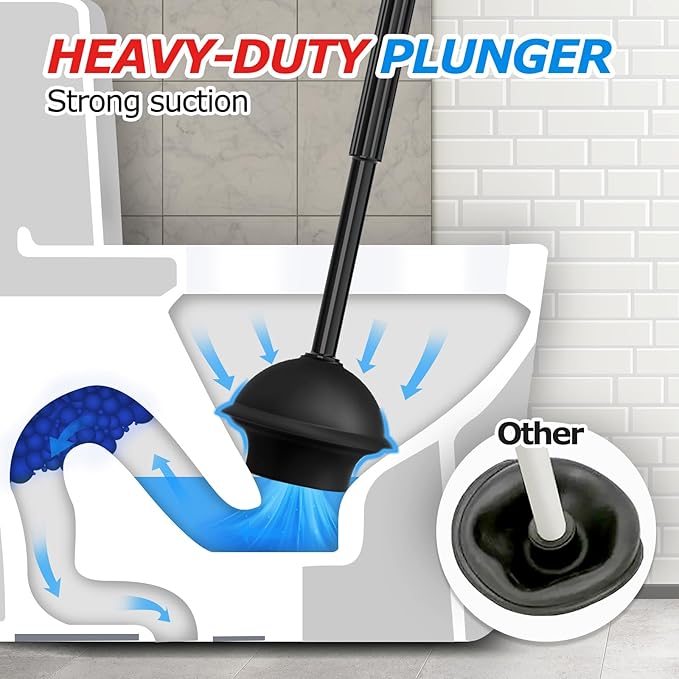 2-in-1 Toilet Plunger and Brush Set – Extended Handle Plunger with Toilet Bowl Brush, Bathroom Cleaning Combo for Clog Removal & Deep Cleaning