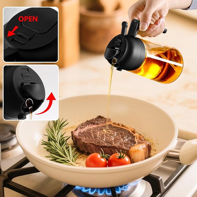 Olive Oil Sprayer for Cooking – 2-in-1 470ml Glass Oil Dispenser & Pour Bottle, Kitchen Gadget for Air Fryer, Salad, BBQ, and Everyday Cooking (Black)