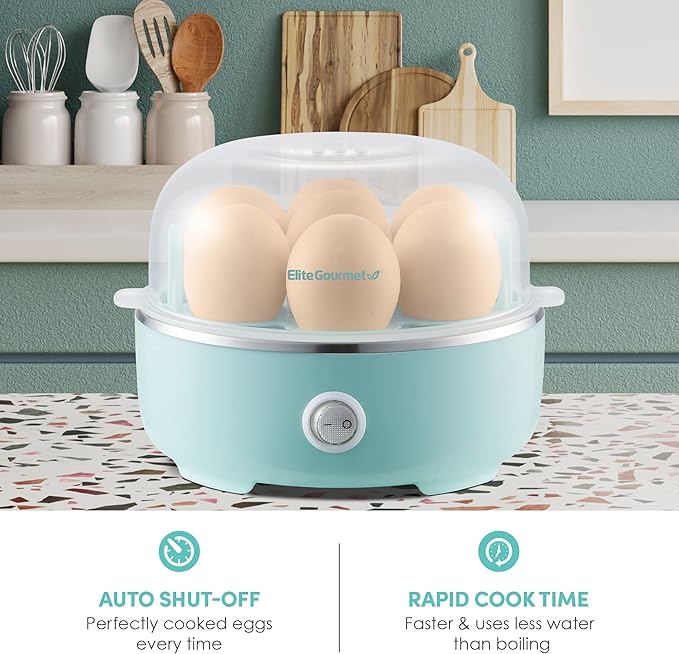 Elite Gourmet Easy Egg Cooker (EGC115M) – 7‑Egg Electric Cooker in Retro Mint with Auto Shut‑Off & Measuring Cup