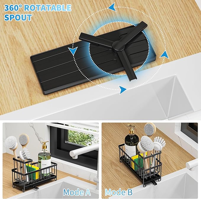 Cisily Black Sponge Holder & Sink Caddy – Stainless Steel 304 Rust‑Resistant Organizer with High Brush Holder, Drip Tray & Soap Dispenser Section