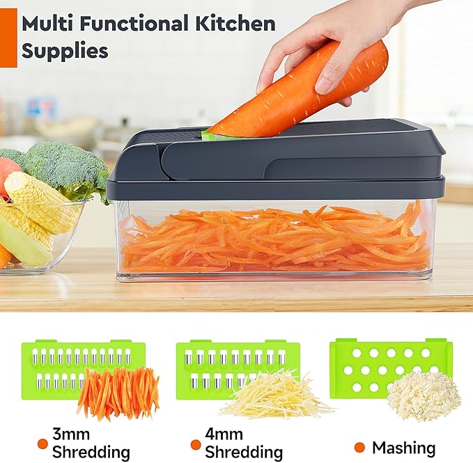 12‑in‑1 Vegetable Chopper & Food Slicer – 7 Stainless‑Steel Blades with Container, Cheese Grater & Hand Guard (Green / Grey)