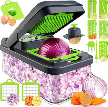 12‑in‑1 Vegetable Chopper & Food Slicer – 7 Stainless‑Steel Blades with Container, Cheese Grater & Hand Guard (Green / Grey)