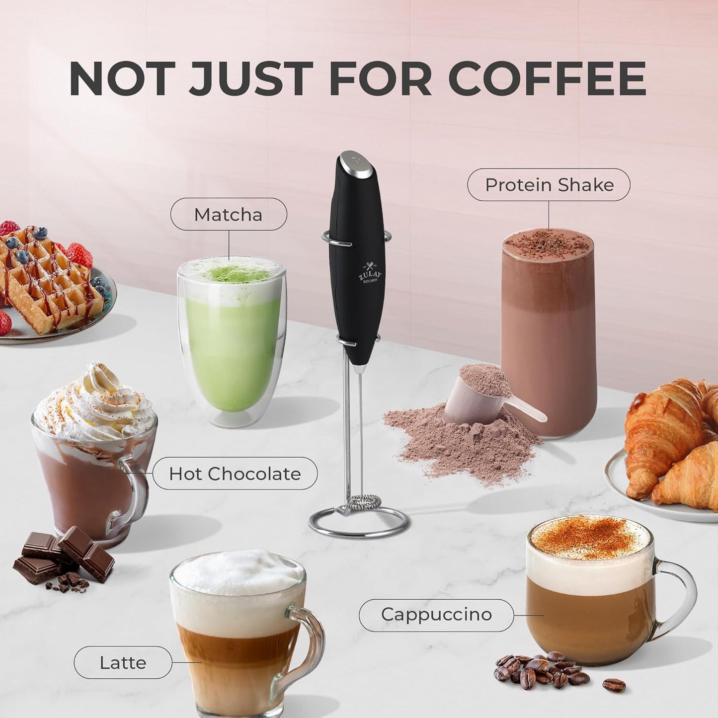 Zulay Kitchen Powerful Milk Frother Wand with 2 Duracell Batteries – Ultra-Fast Handheld Electric Whisk for Coffee, Lattes, Cappuccino, Matcha & Hot Chocolate (Black)