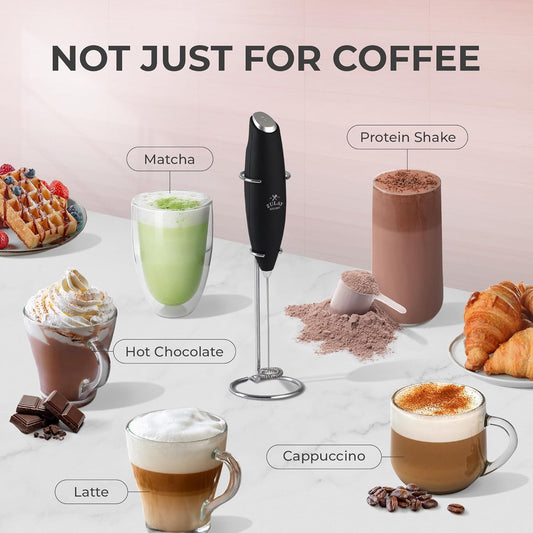 Zulay Kitchen Powerful Milk Frother Wand with 2 Duracell Batteries – Ultra-Fast Handheld Electric Whisk for Coffee, Lattes, Cappuccino, Matcha & Hot Chocolate (Black)