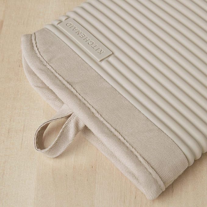 KitchenAid Ribbed Soft Silicone Oven Mitt Set – 7"x13" Heat-Resistant Kitchen Gloves, Non-Slip Grip, Milkshake Color, 2 Pack