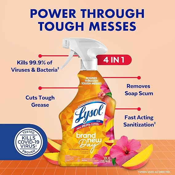 Lysol All Purpose Cleaner Spray – Mango & Hibiscus Scent, 32 fl oz, Disinfects & Degreases Without Bleach