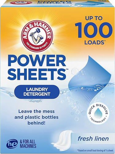 Arm & Hammer Power Sheets Laundry Detergent – Fresh Linen, 50 Sheets – Concentrated Laundry Sheets for Up to 100 Small Loads – Dissolves Completely in Hot or Cold Water