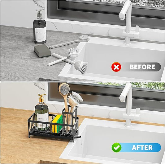 Cisily Black Sponge Holder & Sink Caddy – Stainless Steel 304 Rust‑Resistant Organizer with High Brush Holder, Drip Tray & Soap Dispenser Section