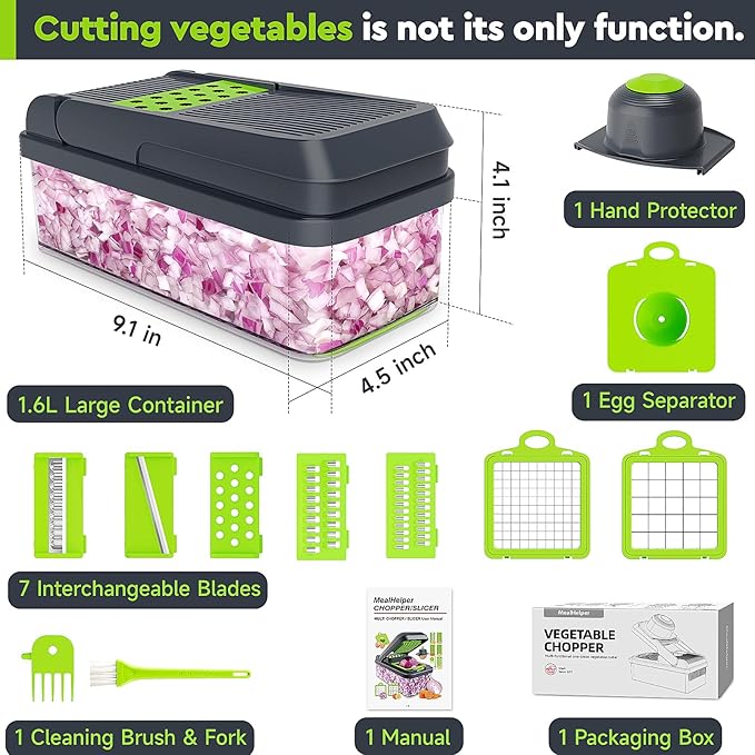 12‑in‑1 Vegetable Chopper & Food Slicer – 7 Stainless‑Steel Blades with Container, Cheese Grater & Hand Guard (Green / Grey)
