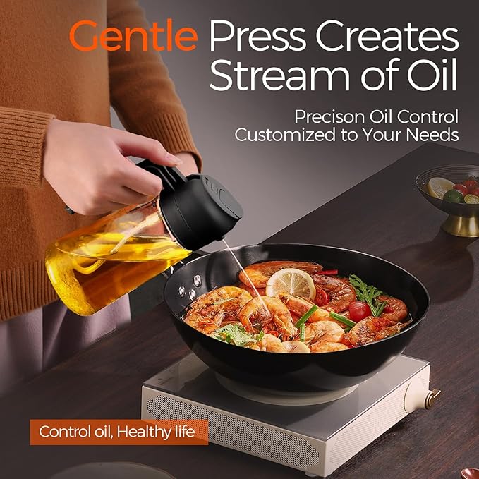 YARRAMATE 16oz/470ml Glass Olive Oil Sprayer – 2-in-1 Spray & Pour Dispenser for Cooking with Portion Control & Labels – BPA-Free Food Grade (Black)