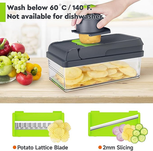 12‑in‑1 Vegetable Chopper & Food Slicer – 7 Stainless‑Steel Blades with Container, Cheese Grater & Hand Guard (Green / Grey)