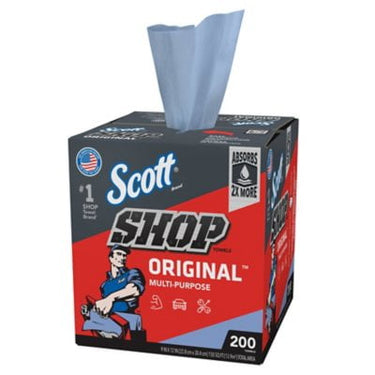 Scott Shop Towels Original – Pop‑Up Dispenser Box with 200 Durable, Lint-Free Blue Sheets (9″ × 12″)