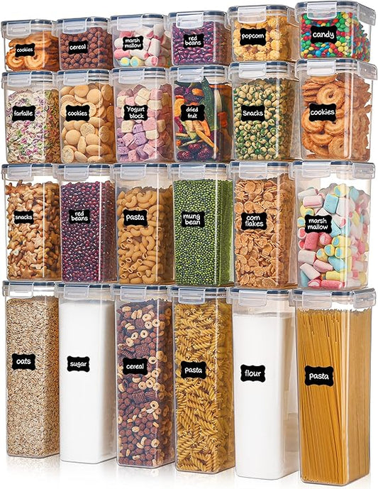Vtopmart 24-Piece Airtight Food Storage Containers Set – BPA-Free Plastic Pantry Canisters with Locking Lids & Labels for Cereal, Flour, Sugar & Dry Goods (Black)