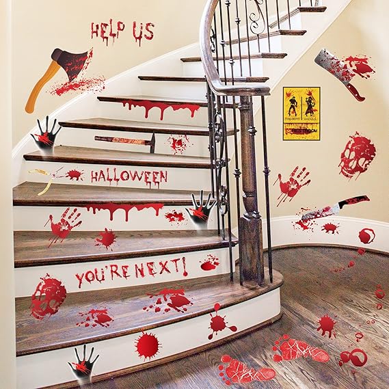 84-Pc Halloween Handprint & Footprint Stickers / Clings / Decals - Bloody Look for Windows, Walls, Floors, Bathroom & Doors