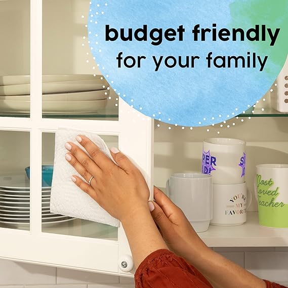 Person cleaning a shelf with text 'budget friendly for your family' in the center.