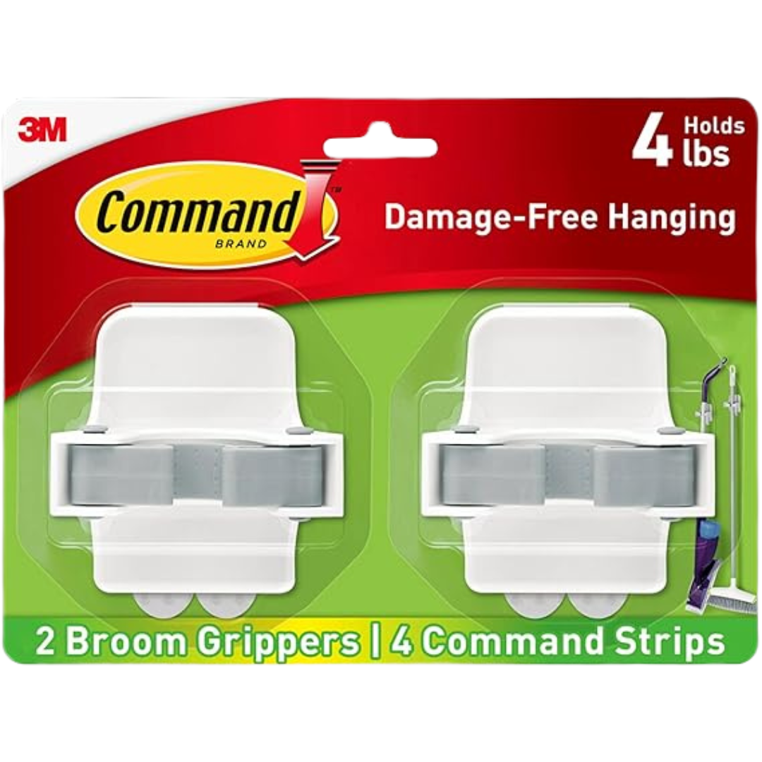 Command Broom & Mop Gripper 2-Pack – Heavy-Duty Wall Mount | Damage-Free, 4 lb Capacity, No Tools Required