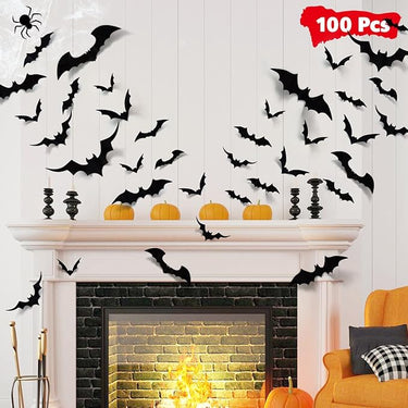 LUDILO 100-Piece 3D Bat Stickers – Halloween Wall & Window Decor, Indoor/Outdoor PVC Bat Decals