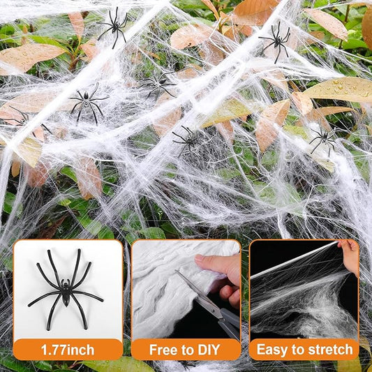 Land Guard 1000 sq ft Stretch Spider Web + 50 Fake Spiders | Indoor/Outdoor Halloween Cobweb Decor