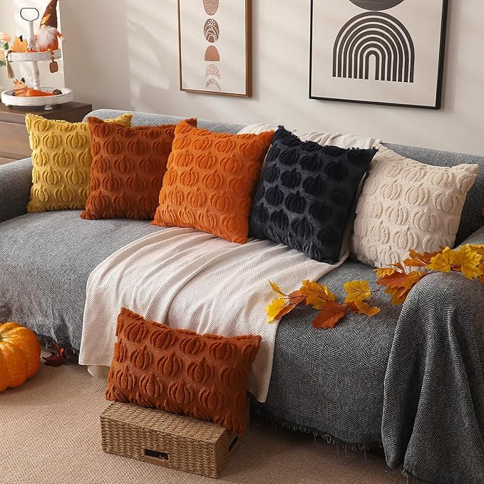 DFXSZ Fall Throw Pillow Covers 2-Pack – 18″×18″ Rustic Pumpkin & Autumn Faux Fur Wool Blend Cushion Covers for Sofa, Bedroom & Living Room Decor