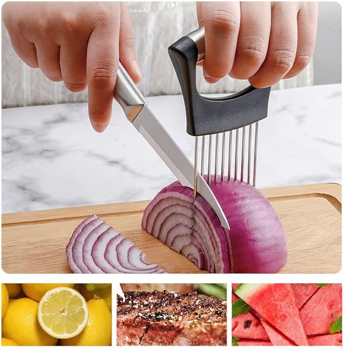 Person using a mandoline slicer to cut an onion on a wooden cutting board with additional images of sliced lemons, salmon, and watermelon.