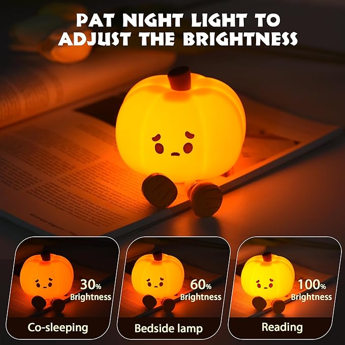 Pumpkin Night Light – Silicone LED Rechargeable, 3-Level Dimmable Touch Lamp | Cute Nursery, Halloween Desk & Bedside Décor