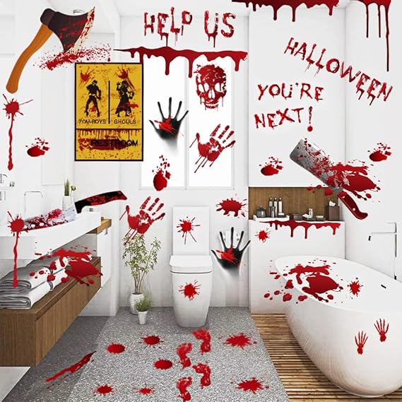 84-Pc Halloween Handprint & Footprint Stickers / Clings / Decals - Bloody Look for Windows, Walls, Floors, Bathroom & Doors