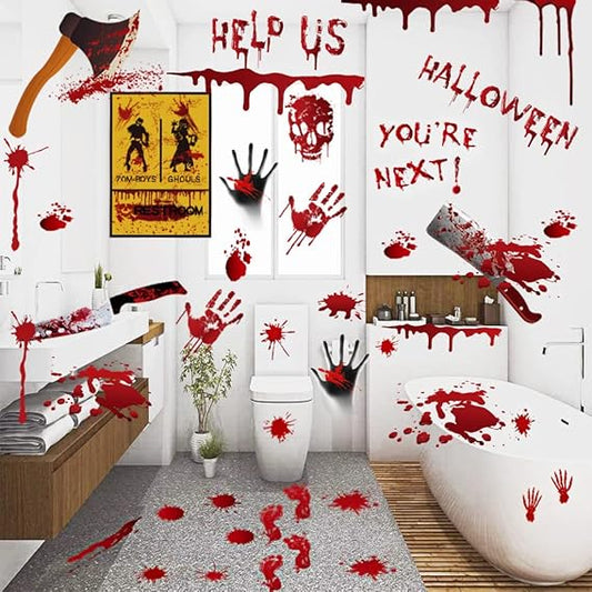 84-Pc Halloween Handprint & Footprint Stickers / Clings / Decals - Bloody Look for Windows, Walls, Floors, Bathroom & Doors