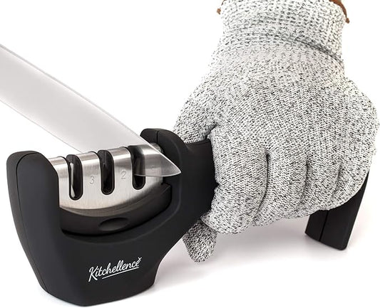 4-in-1 Kitchen Knife Accessories – 3-Stage Knife Sharpener with Cut-Resistant Glove (Black)