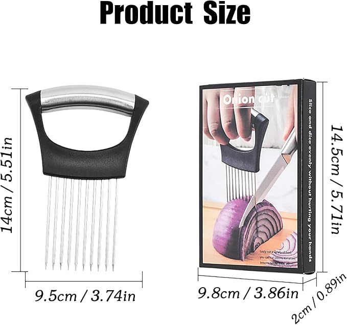 Onion chopper with dimensions and usage demonstration on a white background