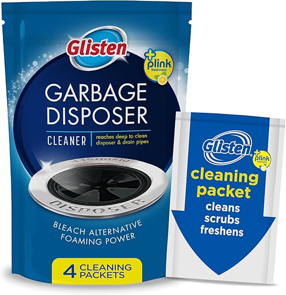 Glisten Garbage Disposer Cleaner & Freshener – Lemon Scent Odor Eliminator with Foaming Action, Sink Disposal Cleaner Made in USA, 4 Packets