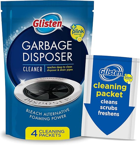 Glisten Garbage Disposer Cleaner & Freshener – Lemon Scent Odor Eliminator with Foaming Action, Sink Disposal Cleaner Made in USA, 4 Packets