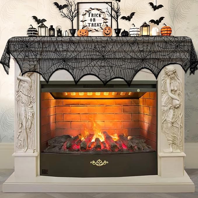 AerWo Halloween Fireplace Mantle Scarf – Black Lace Spiderweb, 18″ × 96″ | Gothic Chic Halloween Decor