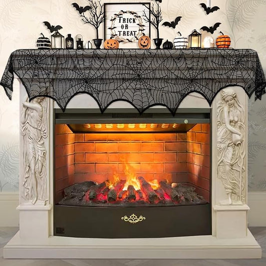 AerWo Halloween Fireplace Mantle Scarf – Black Lace Spiderweb, 18″ × 96″ | Gothic Chic Halloween Decor