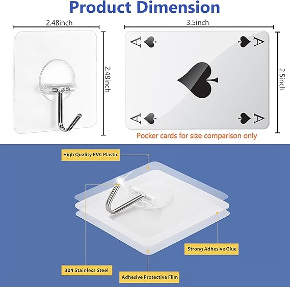 Product dimensions and features of a hook with adhesive backing, using playing card dimensions for scale.