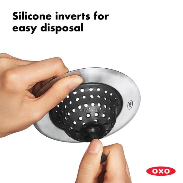 OXO Good Grips Silicone Sink Drain Strainer – Flexible, Easy-to-Clean Kitchen Sink Protector with Stainless Steel Edge, Rust-Resistant & Dishwasher Safe