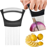 Onion peeler being used to slice an onion with a close-up of sliced lemons on a white background.