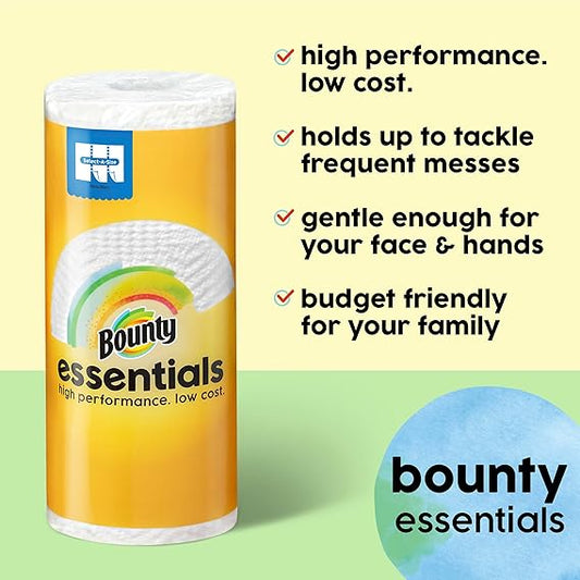 Bounty essentials paper towel roll with features listed on a yellow and green background