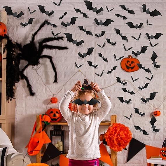 Piteno® 140-Piece Realistic 3D Bat Stickers – PVC Halloween Wall & Window Decals for Spooky DIY Decor